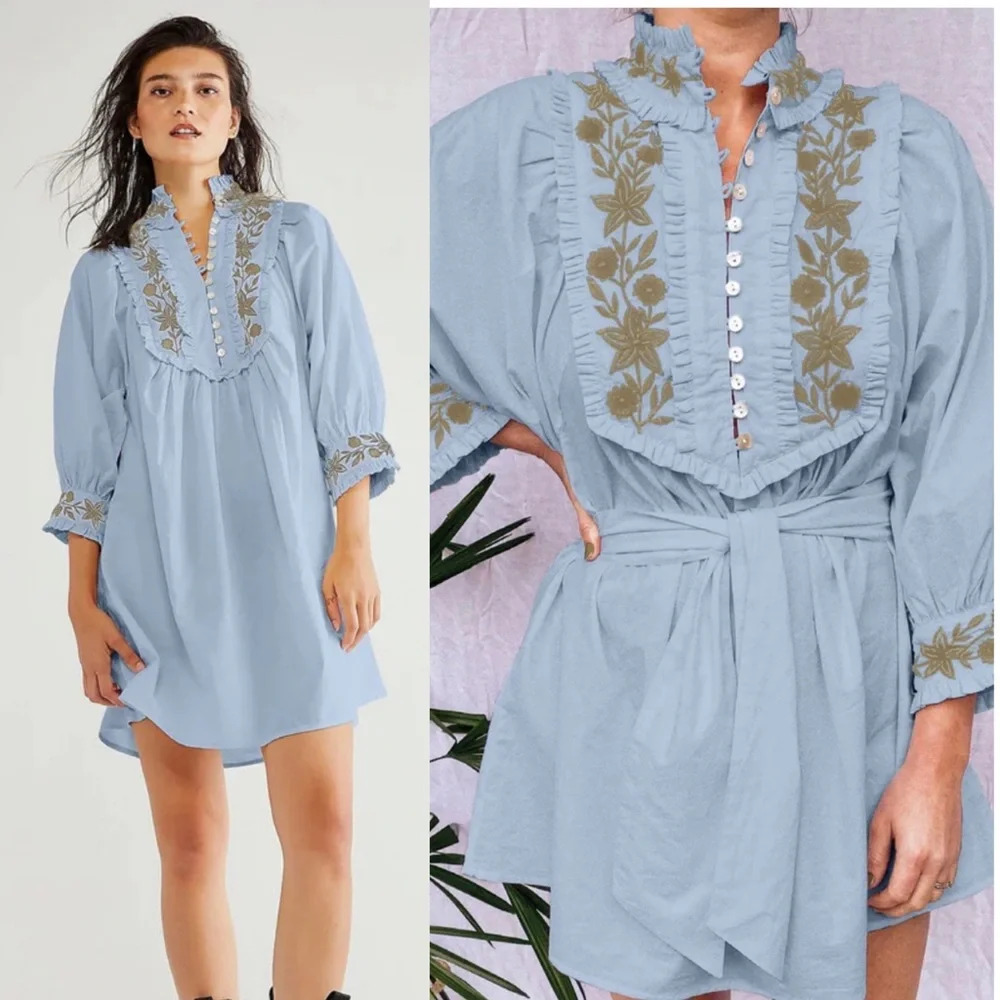 Kinga Csilla Kahlo Blue Linen Embroidered Mini Dress